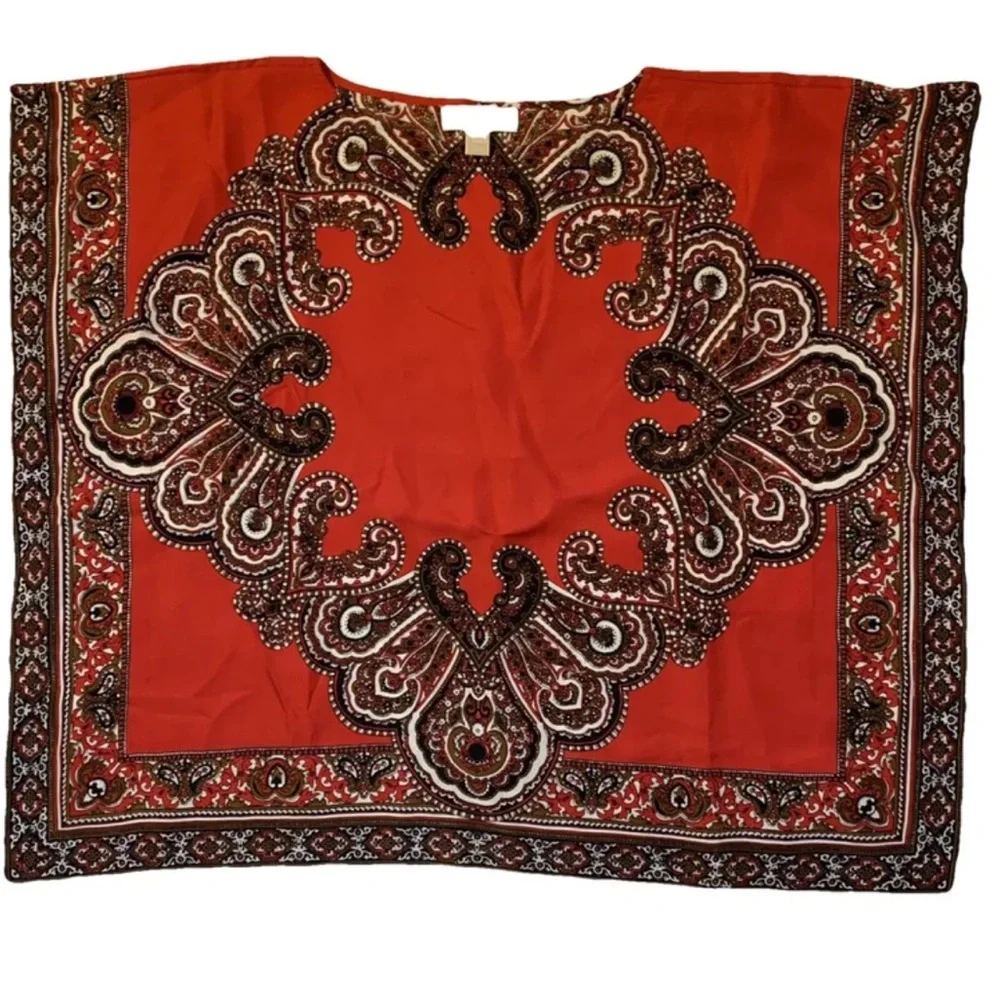 MICHAEL KORS RED & BLACK PAISLEY BLOUSE CAPE PONCHO ONE SIZE FITS MOST